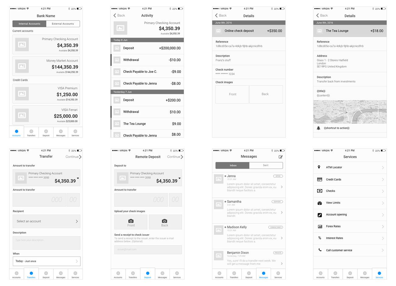 mobile banking wireframes